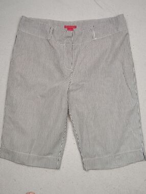 Sunny Leigh Black & White Pinstripe Flat-Front Women’s Knee Length Shorts.